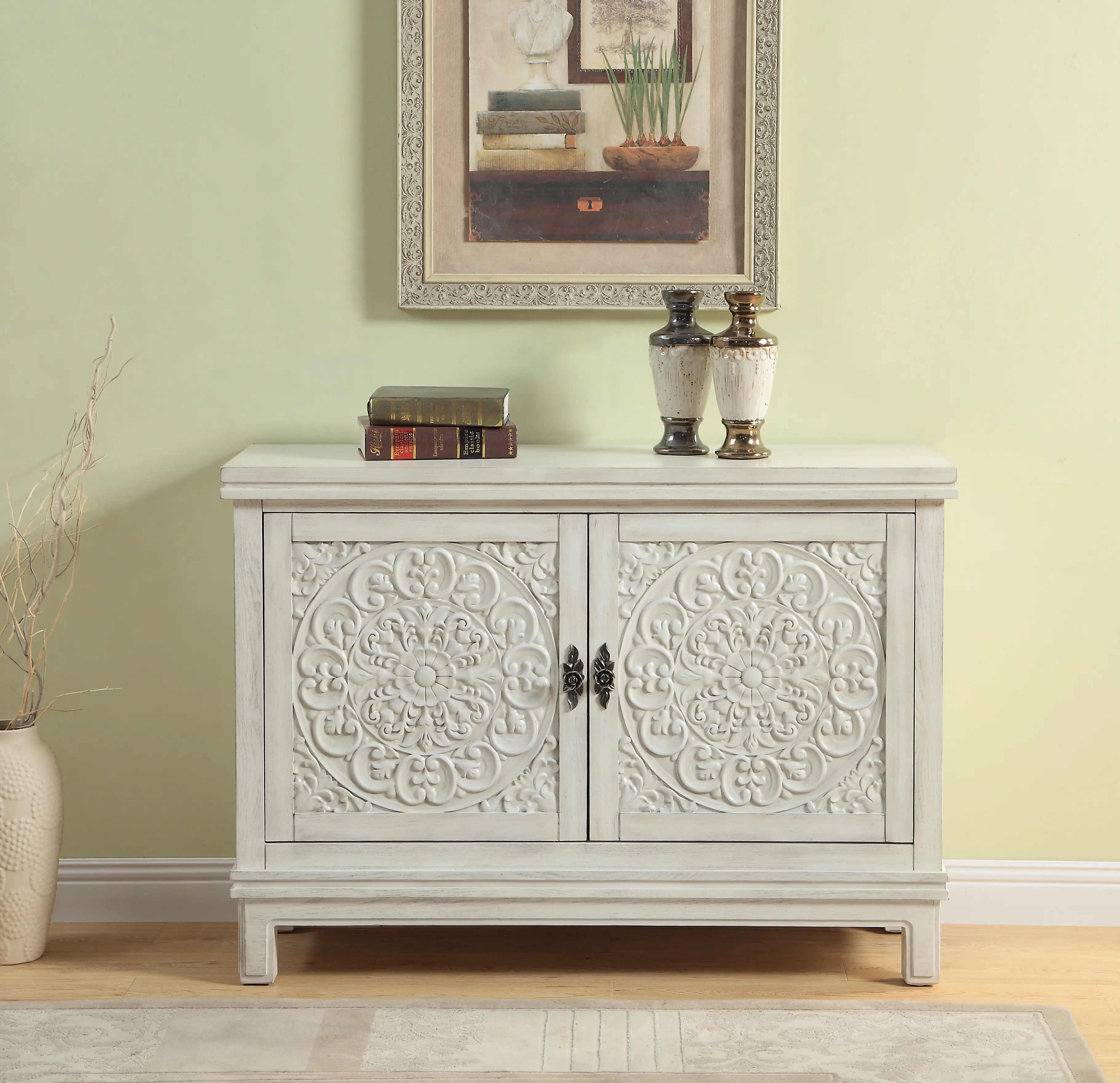 Galina Cream Wood Cabinet with 2 Carved Doors