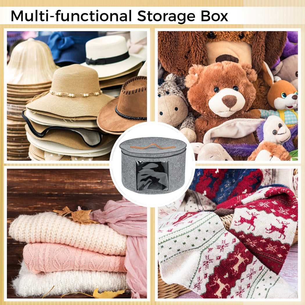 Large Round Hat Storage Box, 17x17x10in Hat Travel Case with Handle Foldable Felt Storage container with Zipper Lid for Women Storage