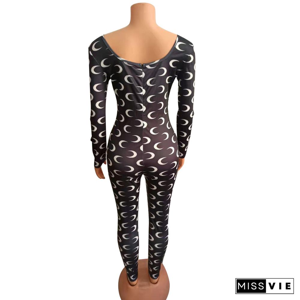 Moon Printed Long Sleeve Bodycon One Piece Jumpsuit