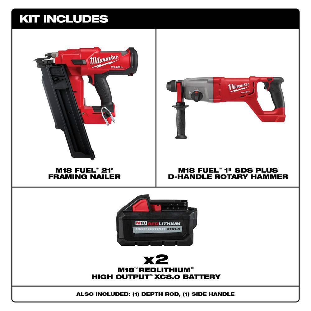 MW M18 FUEL 3-12 in. 18-Volt 21-Degree Lithium-Ion Brushless Cordless Nailer w1 in. Rotary Hammer Two 6Ah HO Batteries 2744-20-2713-20-48-11-1862