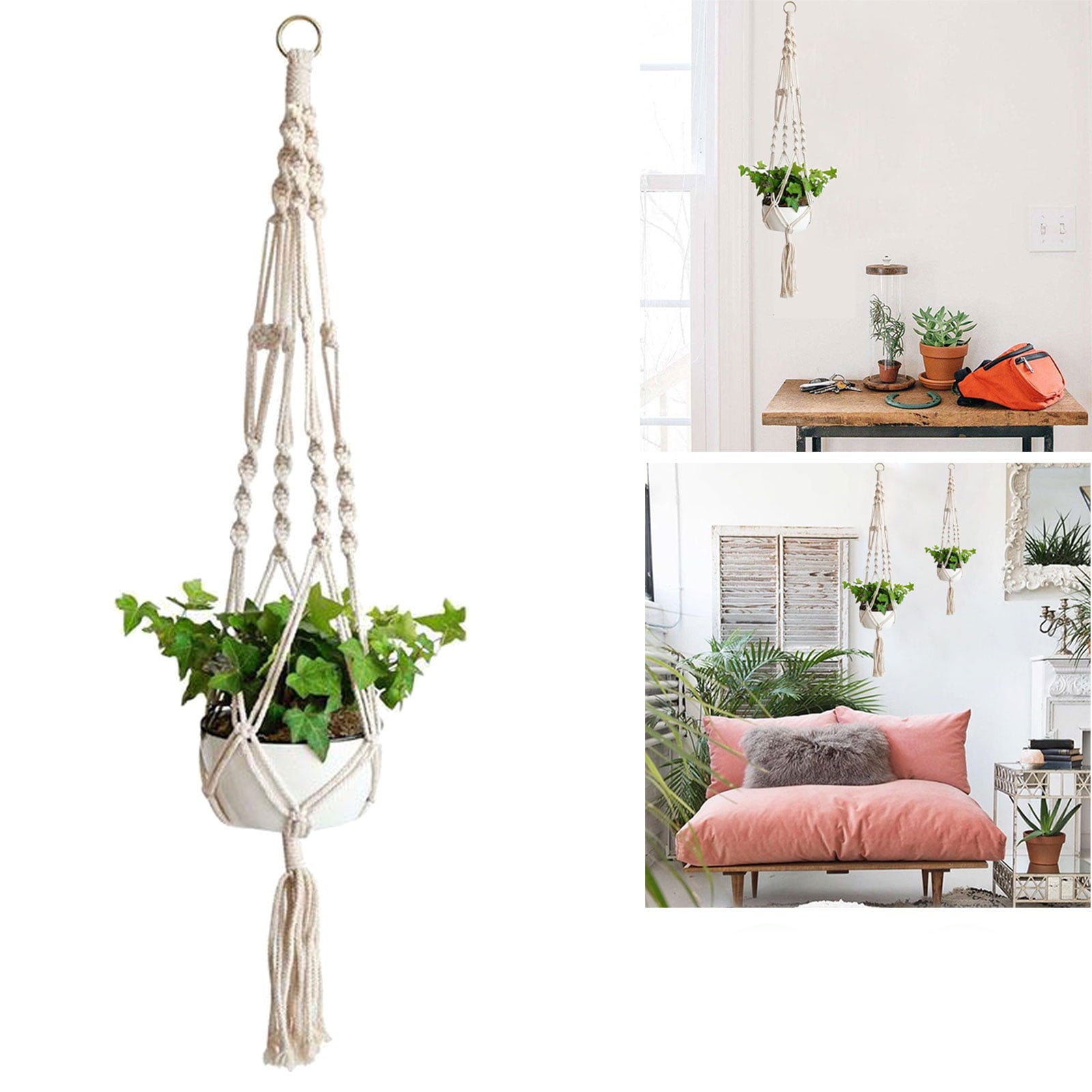 Macrame Plant Hanger, EEEkit Indoor Outdoor Wall Hanging Plant Basket Holder, Planter Stand Flower Pots, Boho Home Decor, Cotton Rope, 4 Legs, 41inch