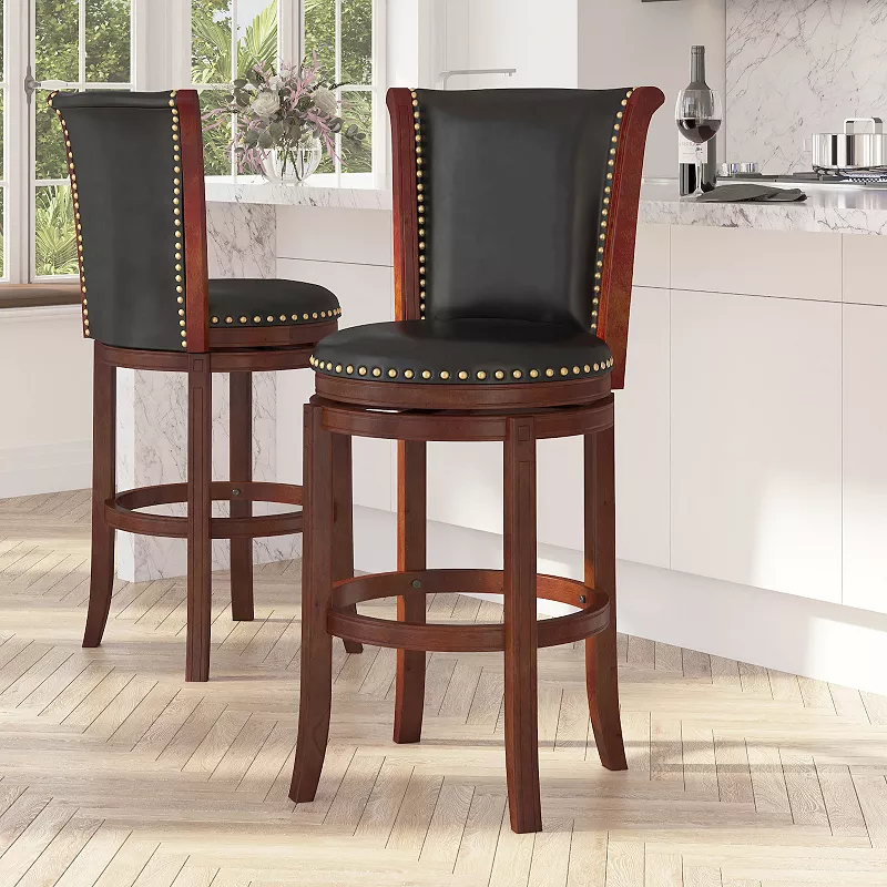 Merrick Lane Marin 30 Wooden Bar Stool with Upholstered Swivel Seat and Panel Back with Nail Head Trim