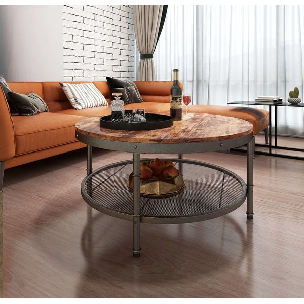 Modern Industrial Round Coffee Table with 3D Texture Metal Frame and Mesh