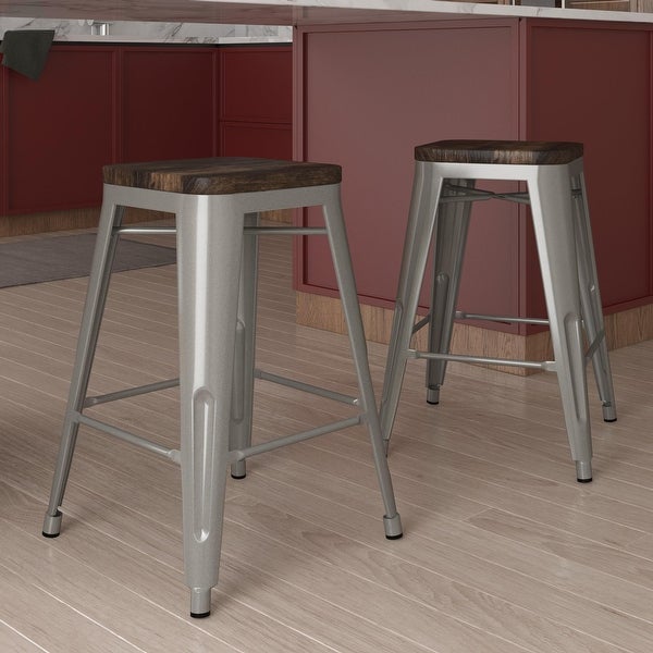 Avenue Greene Filipa 24-inch Metal Stackable Counter Stool with Wood Seat (Set of 2)