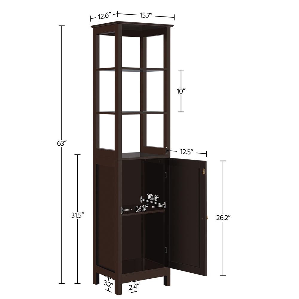 SMILE MART Wood Tower Cabinet with 3 Open Shelves and 1 Adjustable Shelf, Espresso