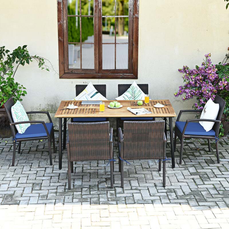 7 Pcs Rattan Patio Dining Set with Umbrella Hole, Acacia Wood Tabletop, Cushioned Chairs