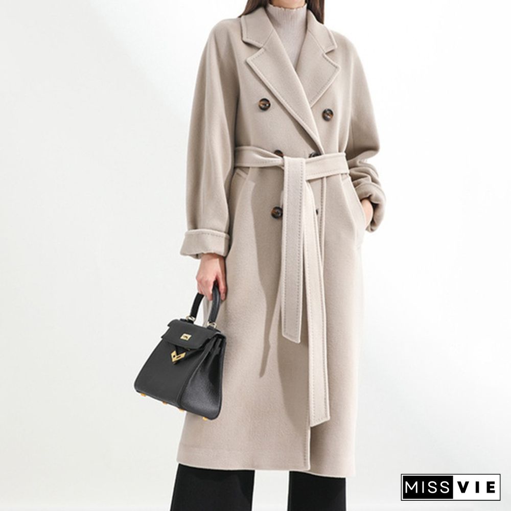 New Fashion Lapel Coat Slim Double Breasted Long-sleeved Silm Solid Color Woman Trench Coats