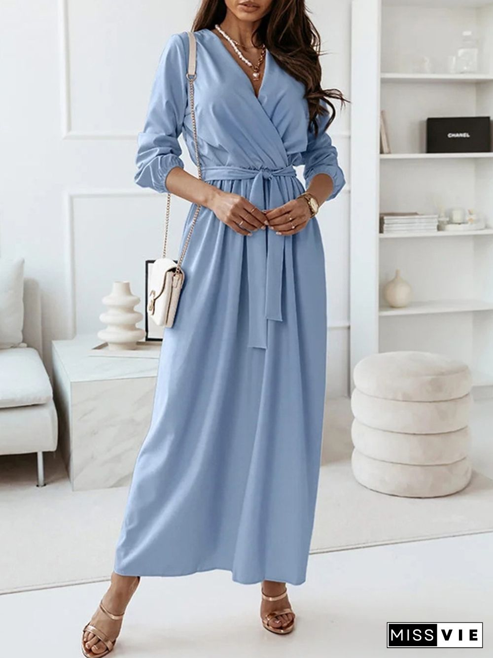 Spring Summer Elegant Half Sleeve V-Neck Lace-Up Long Dress Ladies Fashion Solid Loose Commuter Dress Women Office A-Line Dress