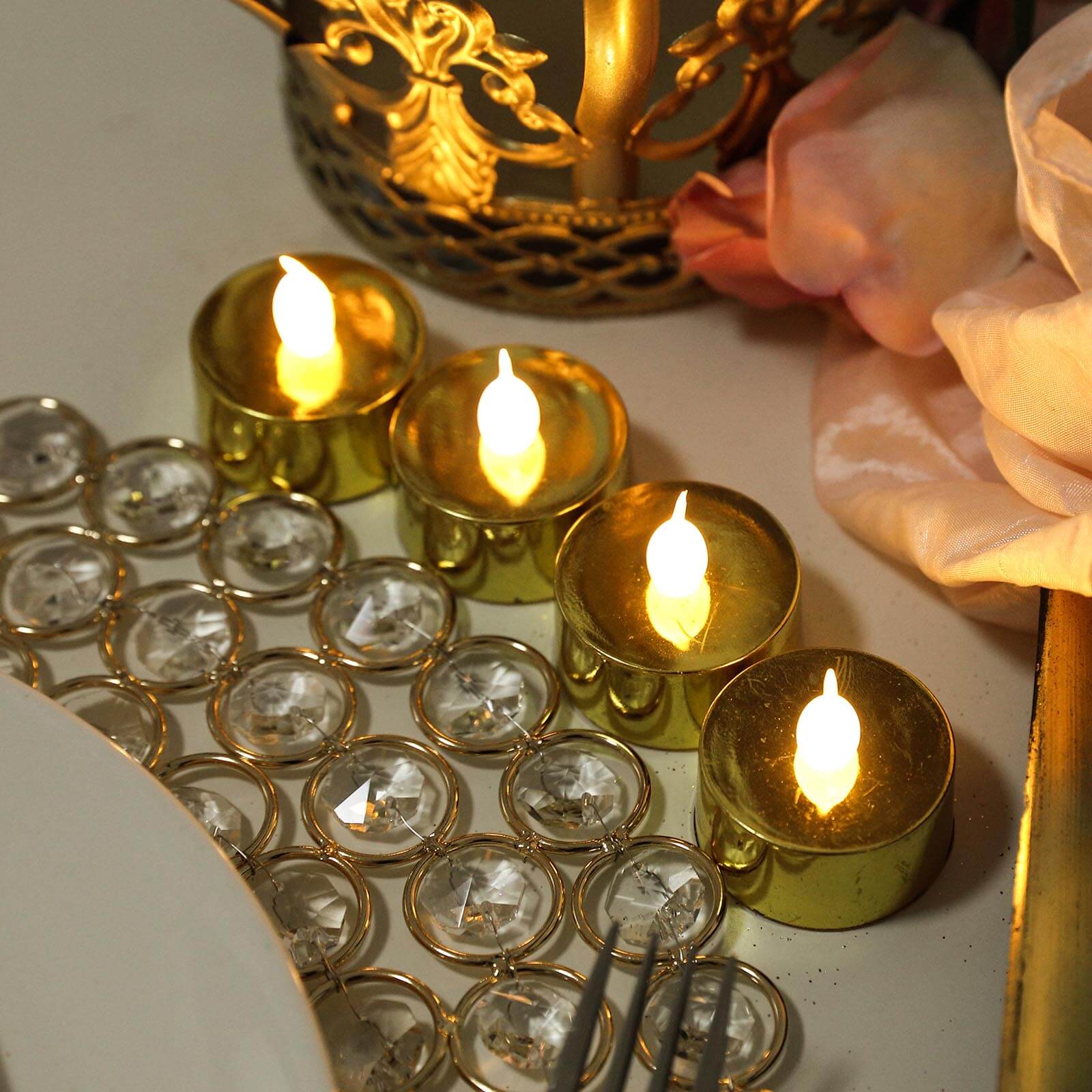 12 Pack Metallic Gold Flameless LED Tealight Candles, Battery Operated Reusable Candles