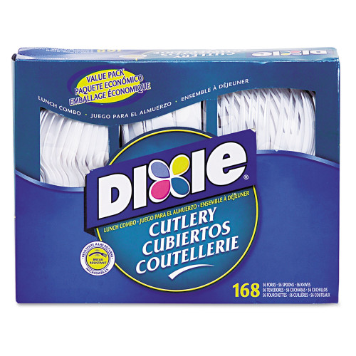 Dixie Combo Pack， Tray with White Plastic Utensils， 56 Forks， 56 Knives， 56 Spoons (CM168)