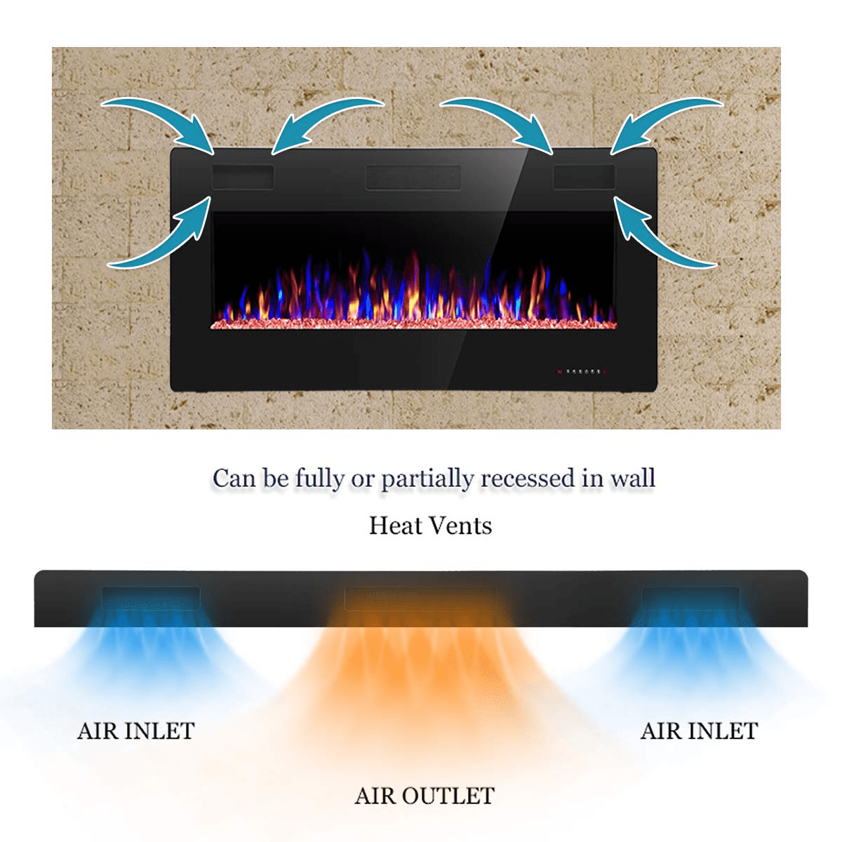 YUKOOL 36" Electric Fireplace Adjustable Flame, Flush/Wall Mount, Touch Screen, Remote