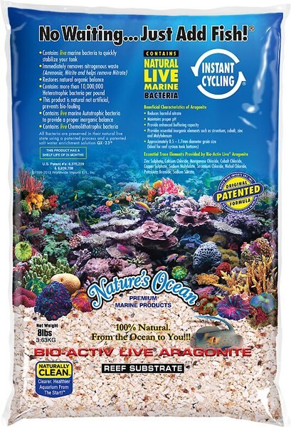 Nature's Ocean Bio-Activ Live Aragonite Saltwater Aquarium Sand， Reef Substrate， 8-lb bag