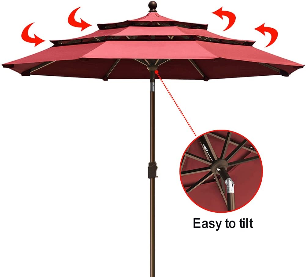 EliteShade 9Ft 3 Tiers Market Umbrella Patio Umbrella Outdoor Table Umbrella with Ventilation and 5 Years Non-Fading Top （Burgundy)