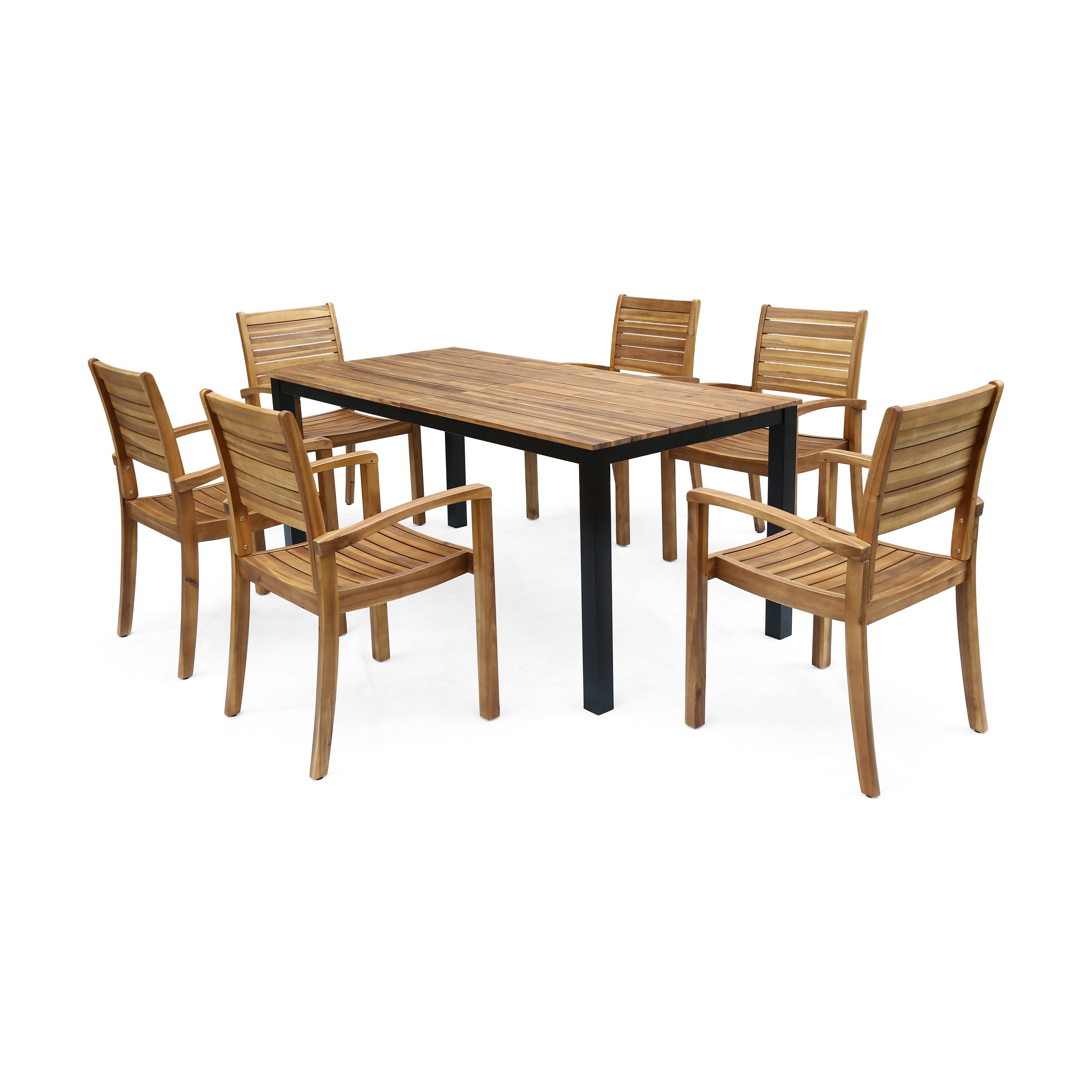 Ryan Outdoor 6-Seater Rectangular Acacia Wood Dining Set, Teak Finish