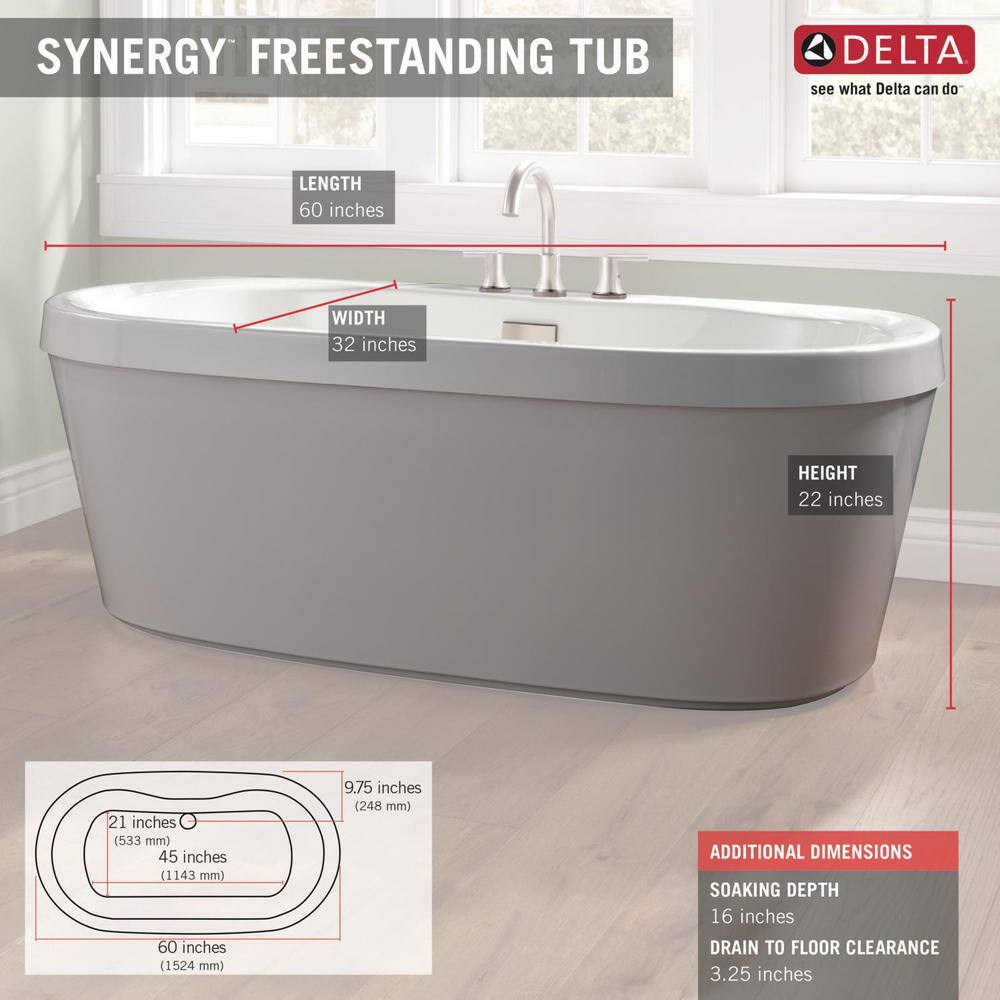 Delta Synergy 60 in. x 32 in Soaking Bathtub with Center Drain in High Gloss White B14416-6032-WH