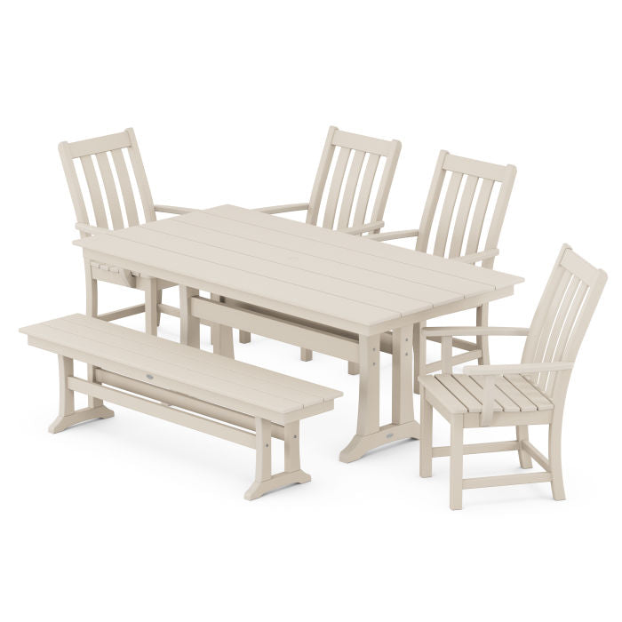 Polywood Vineyard 6-Piece Arm Chair Farmhouse Dining Set with Trestle Legs and Bench PWS740-1