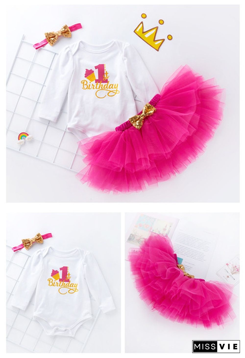 2 Style Baby Girls First Birthday Christmas Outfits 3Pcs = Long Sleeve Cotton Romper + Tutu Dress + Bowknot Headband Infant Kids Clothing