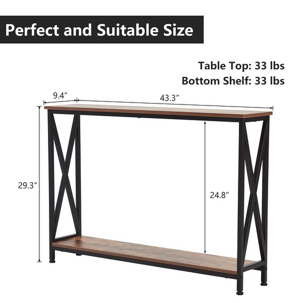 Kinbor Industrial Console Table， X-Design Hallway Table w/ Open Shelf， Rustic Sofa End Table w/ Storage for Entryway Living Room