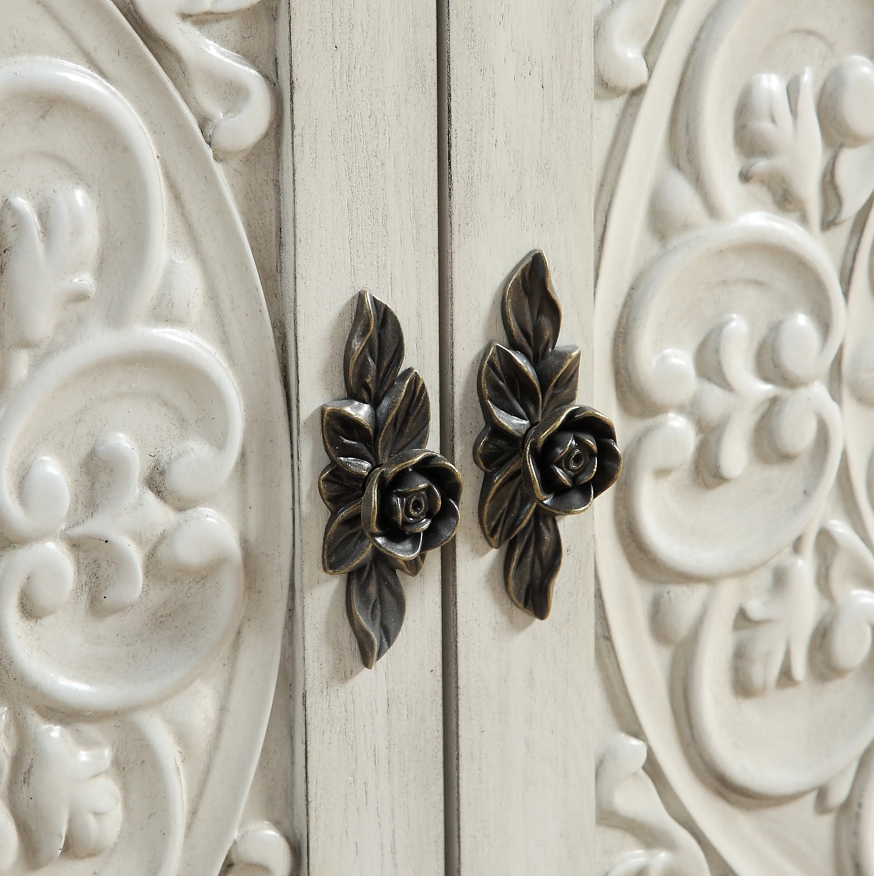 Galina Cream Wood Cabinet with 2 Carved Doors