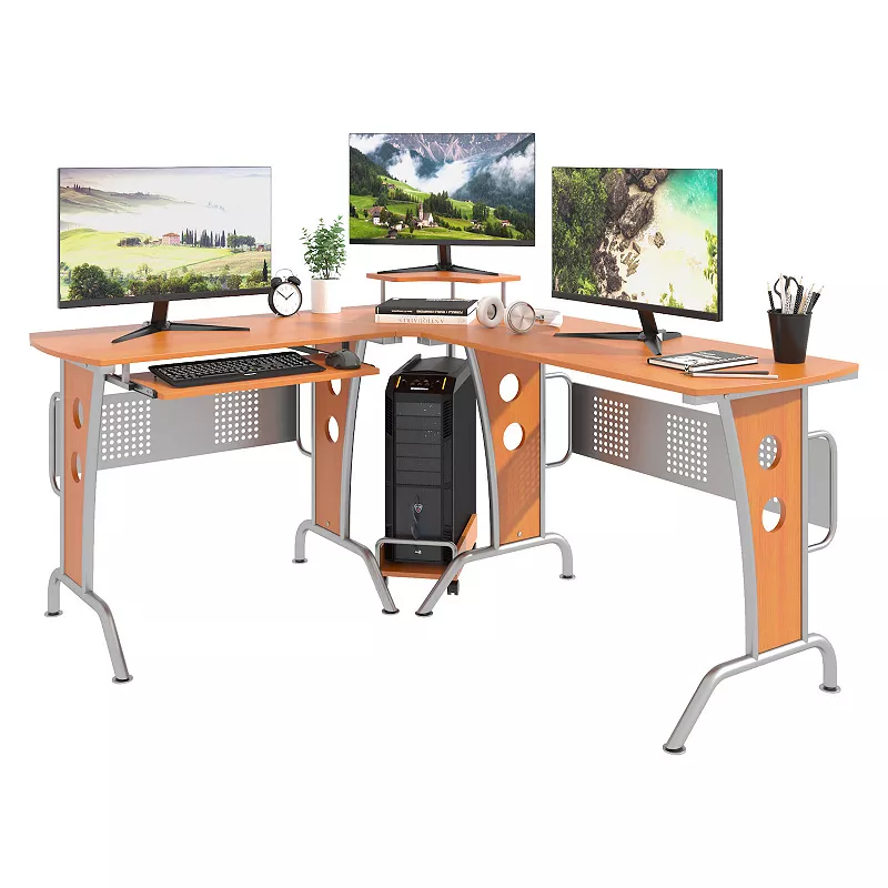 HOMCOM L Shaped Corner Computer Office Desk Workstation with Elevated Shelf Rolling Keyboard Tray and Convenient CPU Stand Wood Color