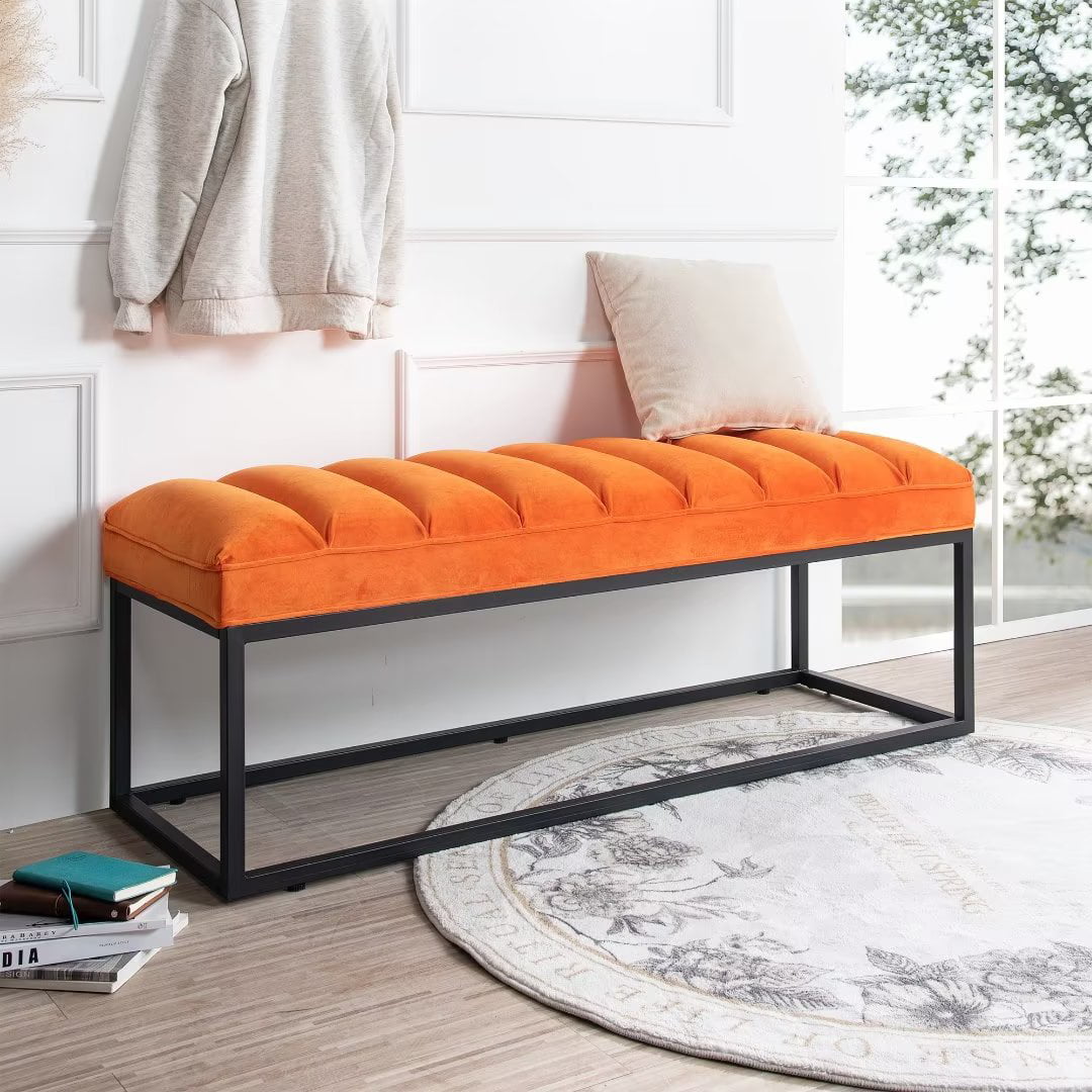 Upholstered Ottoman Bench,Vanity Bench End of Bed Bench with Metal Base,Entryway Shoe Bench Dining Room Bench for Living Room Bedroom Entryway,Orange+Fabric