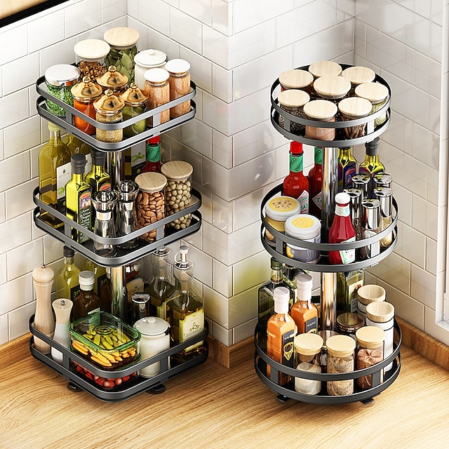 rotatable kitchen seasoning rack countertop corner put condiment oil salt sauce vinegar bottle multi-functional round storage