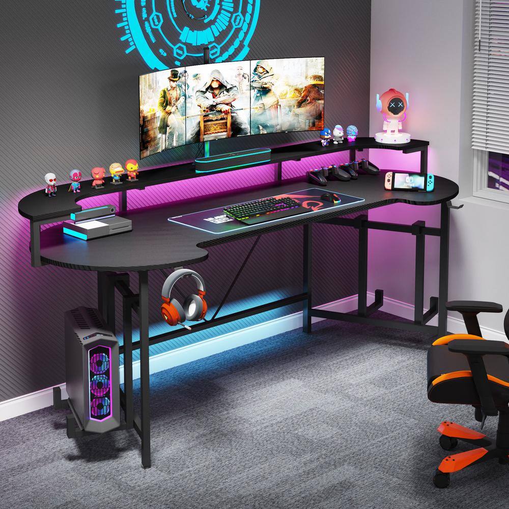 TRIBESIGNS WAY TO ORIGIN Halseey 75 in. Black Wood and Metal Computer Desk Writing Gaming Desk with Led Strip Monitor Stand HD-XK00231-HYF