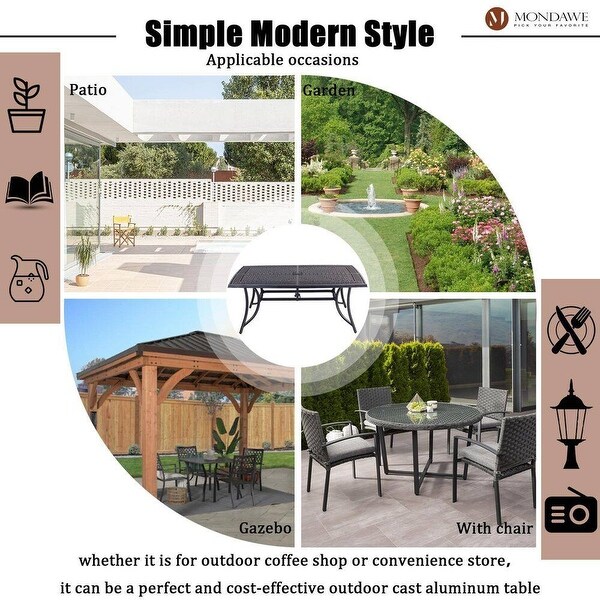 Aluminum Frame Rectangle 71 in. Length Outdoor Dining Table with Umbrella Hole Black