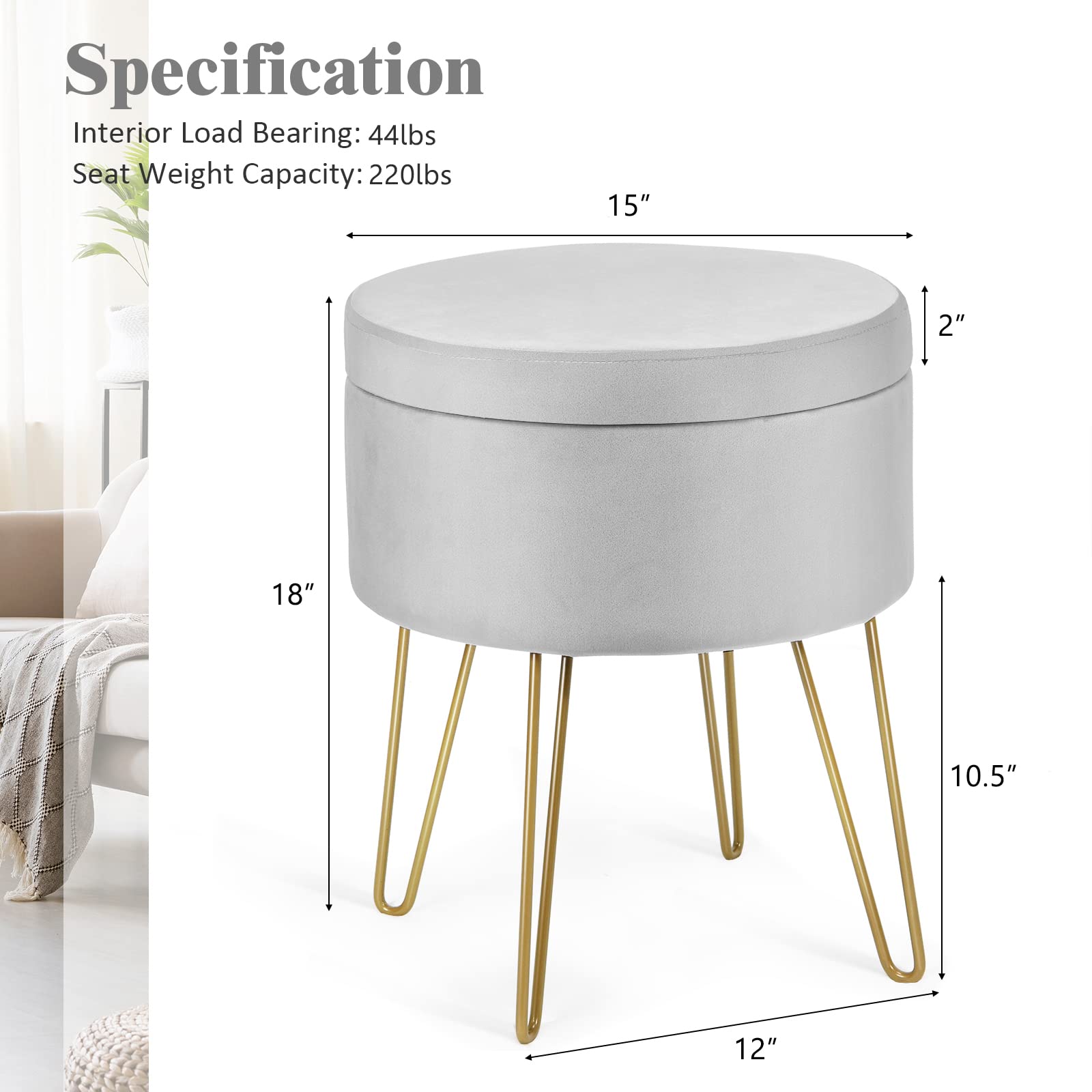 Velvet Footrest Stool Round with Storage Function