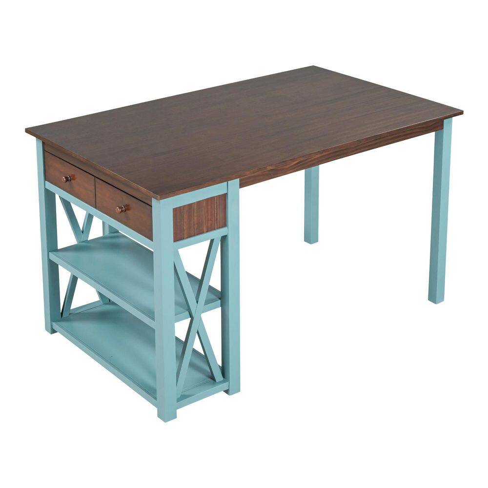 Harper  Bright Designs Rustic 4-Piece Rectangle Walnut and Blue Acacia MDF Top Table Set With 2-tools and Bench DT135AAD