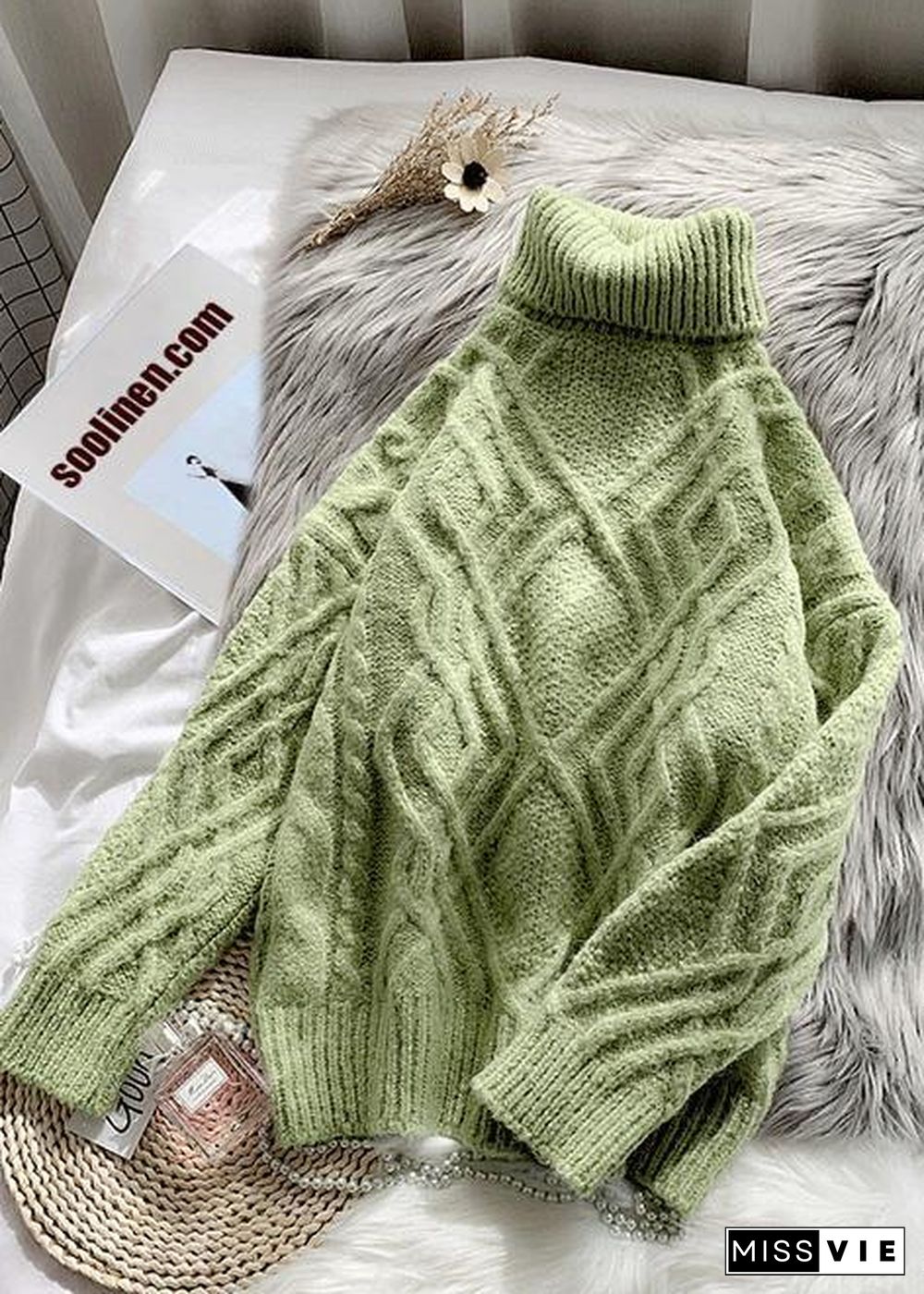 Comfy light green sweater tops chunky  plus size clothing high neck sweaters