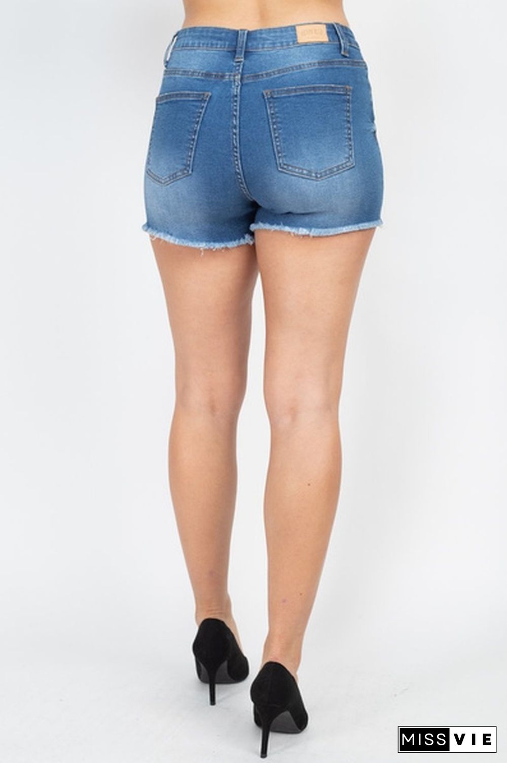 Women Blue Distressed Frayed Hem Denim Shorts