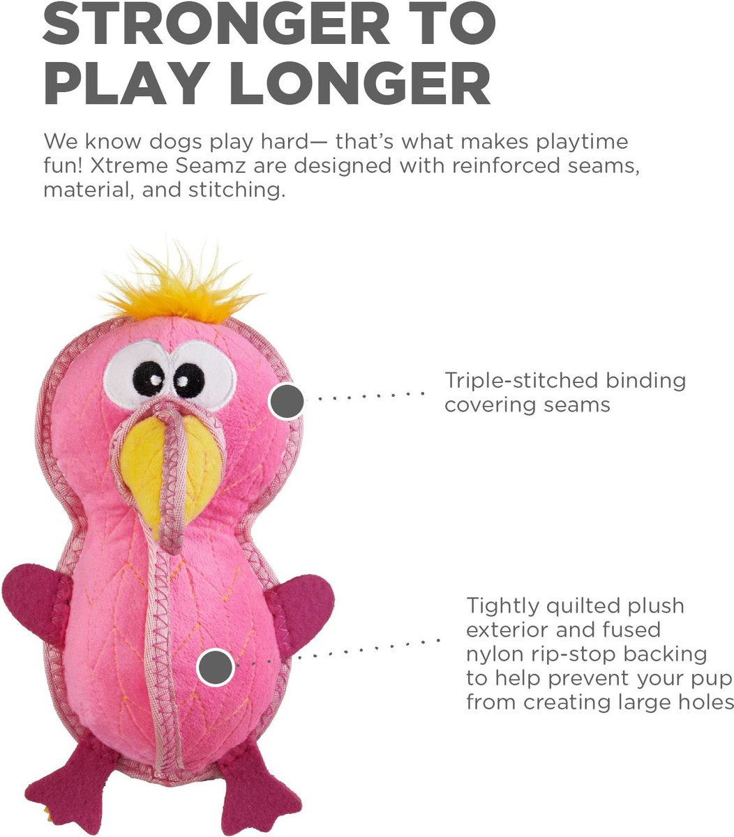 Outward Hound Xtreme Seamz Flamingo Squeaky Durable Dog Toy， Pink， Medium