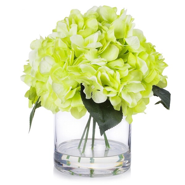 Enova Home Artificial Large Silk Hydrangea Fake Flowers Arrangement in Clear Glass Vase for Home Wedding Decoration