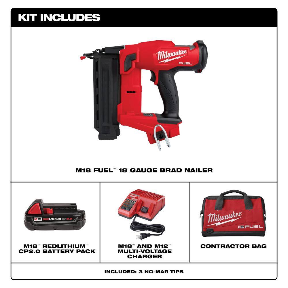 MW M18 FUEL 18-Volt Brushless Cordless 18-Gauge Brad Nailer Kit wM12 23-Gauge Cordless Pin Nailer  M12 2.0AH Battery 2746-21CT-2540-20-48-11-2420