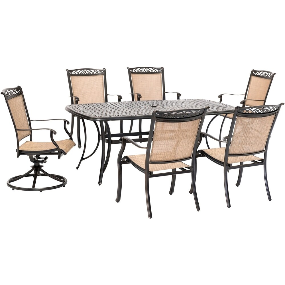 Hanover Fontana 7 Piece Outdoor Dining Set with 2 Sling Swivel Rockers  4 Sling Chairs  and a 38 In. x 72 In. Cast Top Table