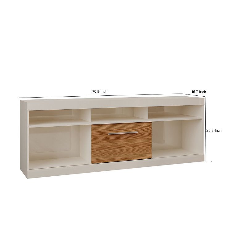 71 Inch TV Media Entertainment Center， 5 Cubbies， 1 Sliding Door， White and Oak