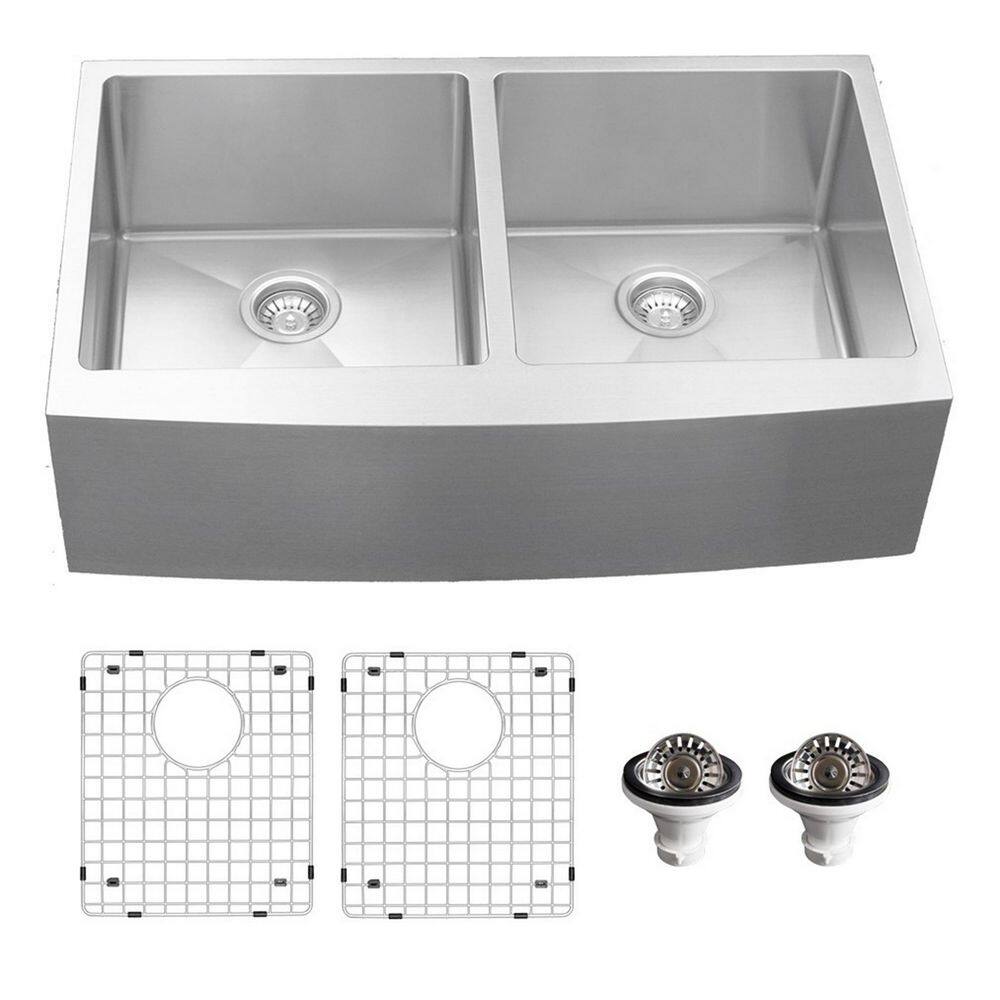 Karran 16-Gauge Stainless Steel 36 in. Double Bowl Farmhouse Apron Kitchen Sink with Grid and Basket Strainer EL-88-PK1