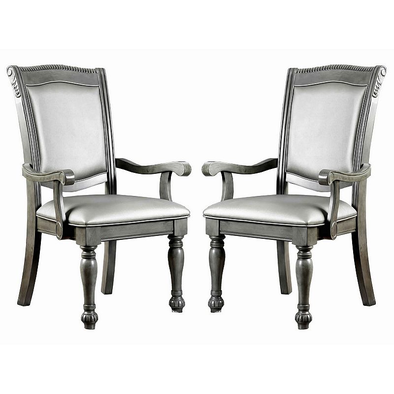 Traditional Style Wooden Arm Chair With Leatherette Cushions In Gray， Set Of 2