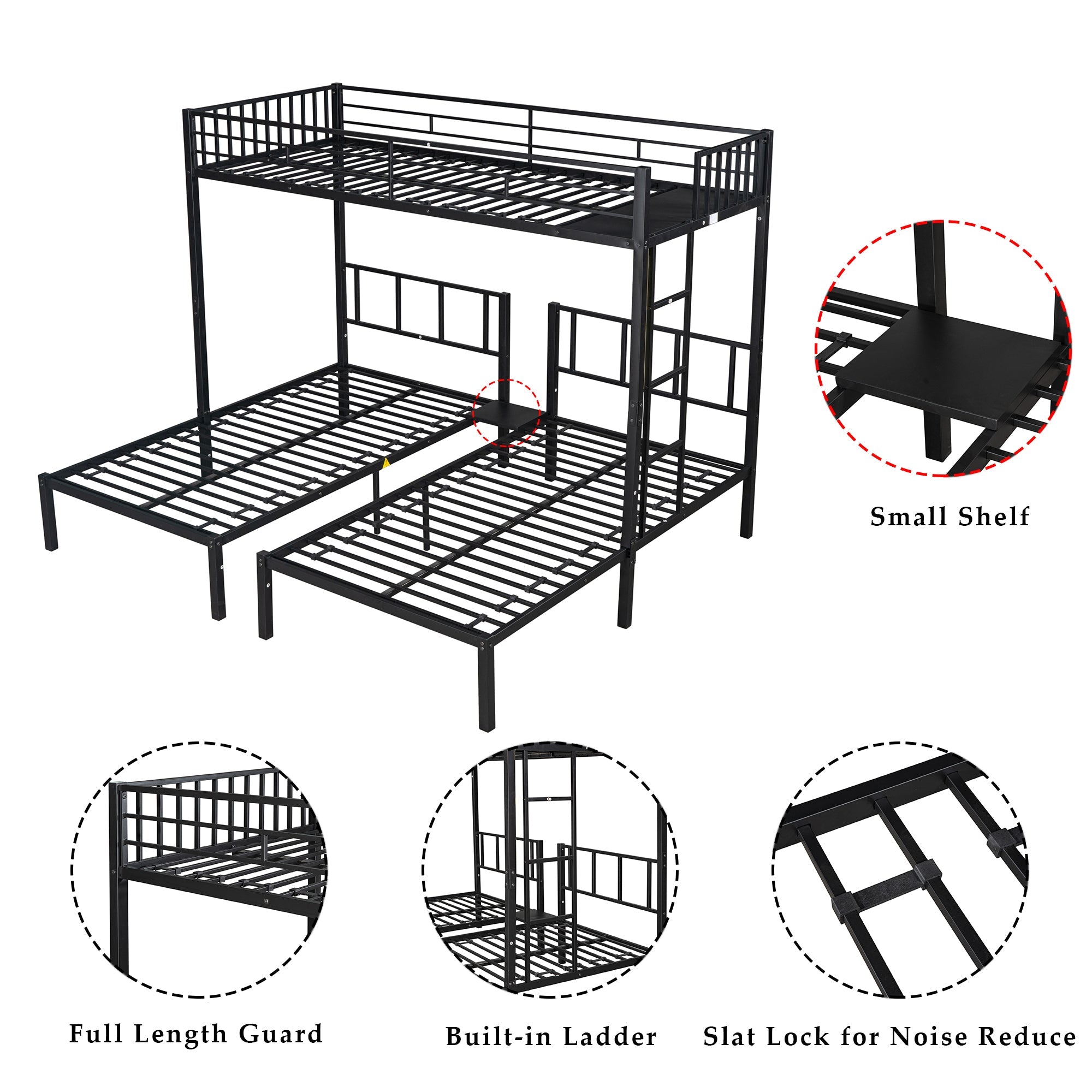 Metal Twin Triple Bunk Bed, Twin over Twin over Twin Bunk Bed for 3 Kids, Noise Reduced Structure, Separates Into 3 Twin Beds, Black