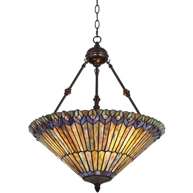 Wide Rustic Peacock Stained Art Glass 3 light Fixture For Dining Room House Kitchen Island Entryway