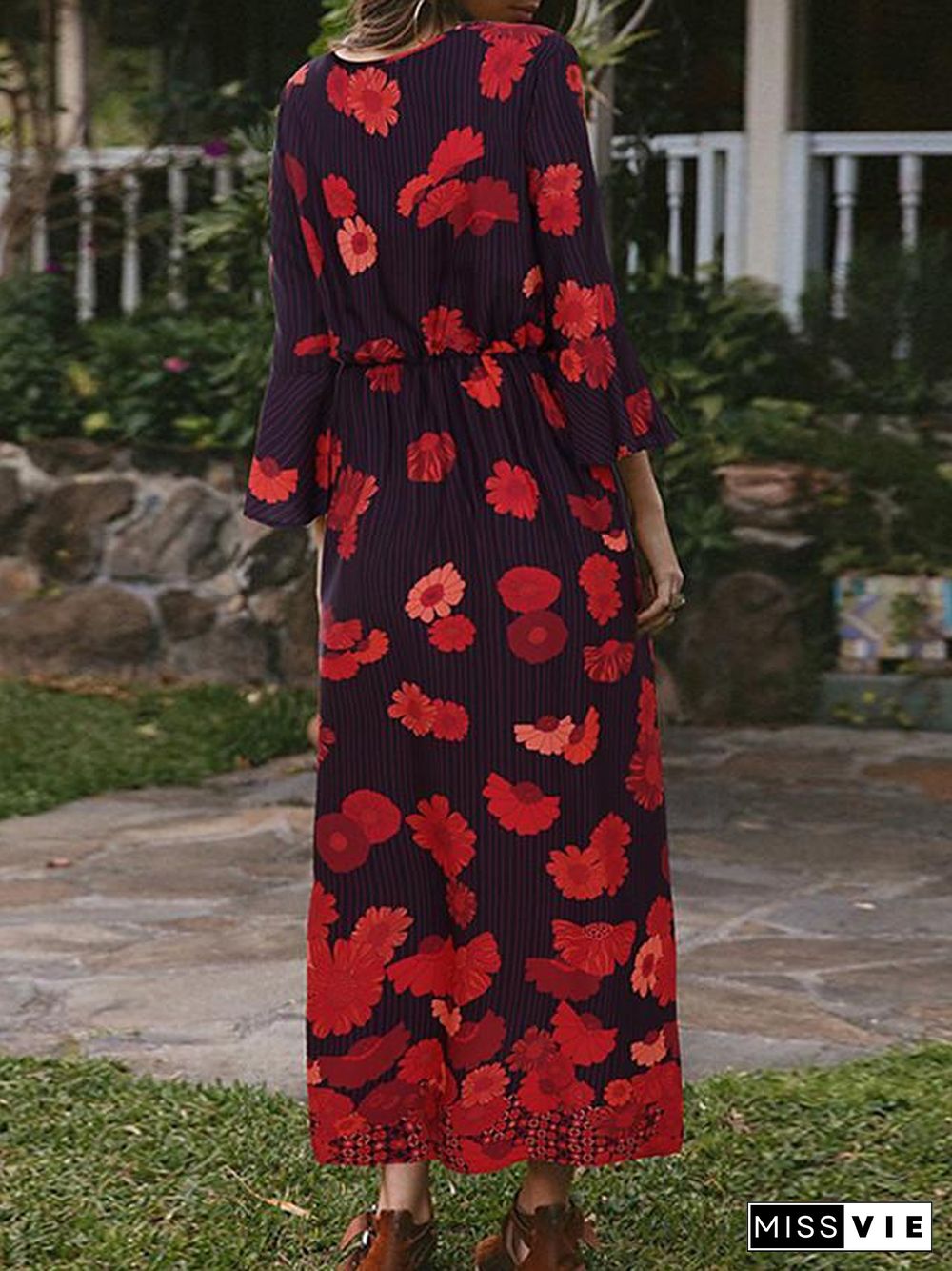 Women's T Shirt Dress Tee Dress Maxi long Dress - Long Sleeve Floral Split Patchwork Print Spring Fall Casual Red Orange S M L XL Black Dresses