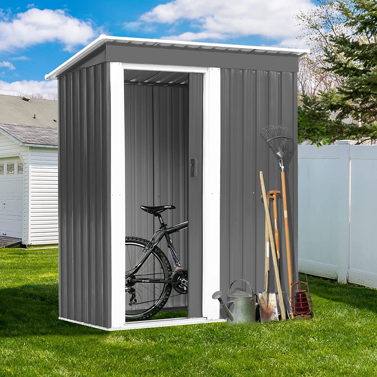 Arlopu 5' x 3' Outdoor Storage Shed with Sliding Door, Metal Tools Shed House for Garden, Patio, Lawn