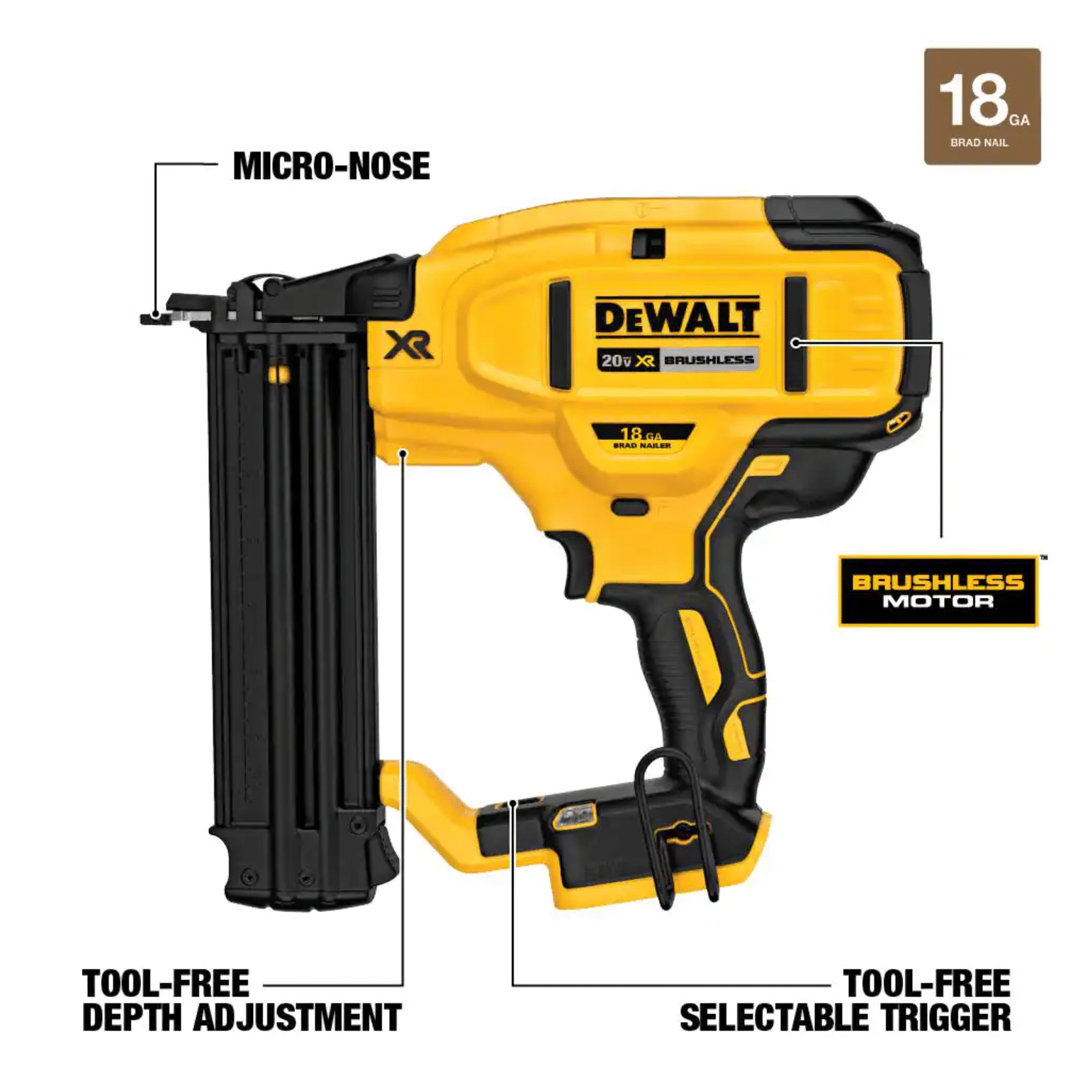 Dewalt 20-Volt MAX XR Lithium-Ion Cordless 18-Gauge Brad Nailer， Tool-Only (DCN680B)