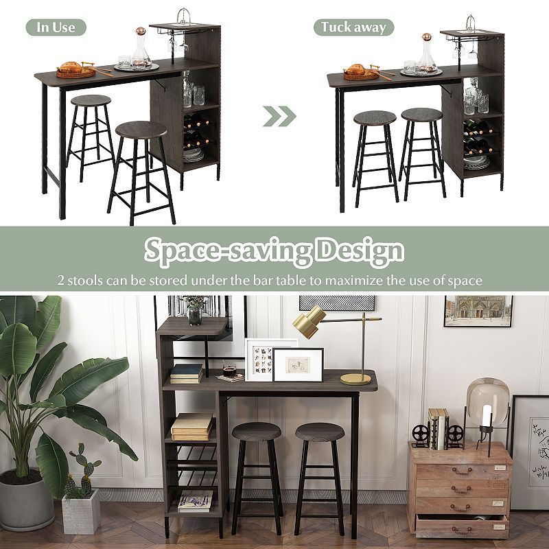 3 Piece Bar Table and Chairs Set with 6-Bottle Wine Rack