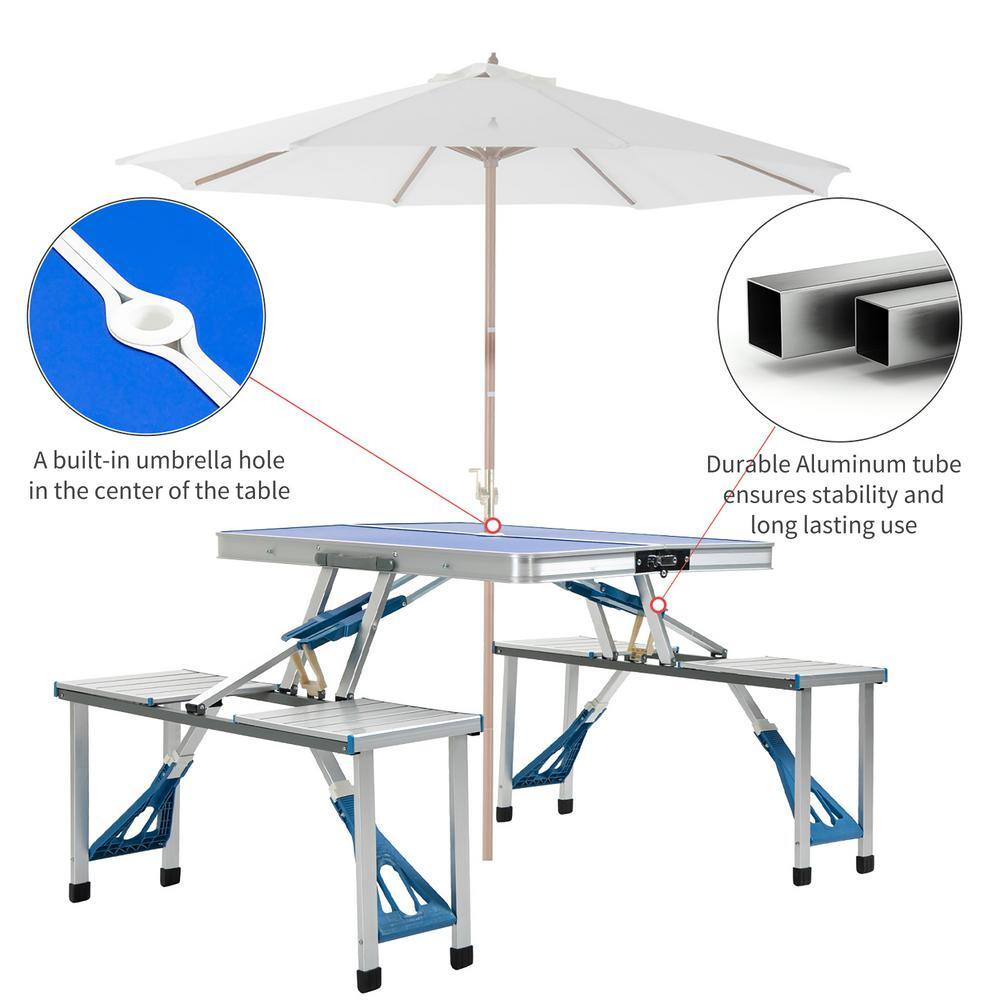 Outsunny Folding Aluminum Outdoor Picnic Table Chair Set with Portable Suitcase Umbrella Hole Handle (4-Seat) A20-203BU