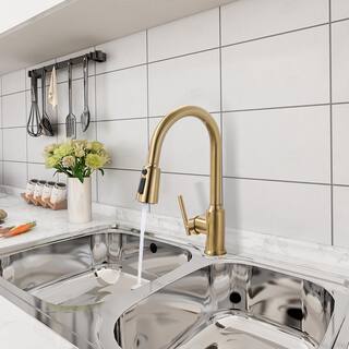 WOWOW Single-Handle Wall Mount Gooseneck Pull Down Sprayer Kitchen Faucet with Deckplate Included in Brushed Gold 2312701G-AMUS