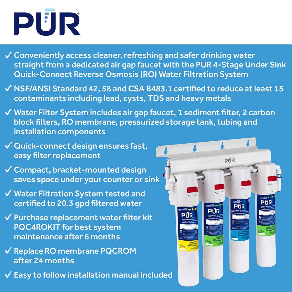 PUR 4-Stage Quick Connect 20.3 GPD Reverse Osmosis Water Filtration System with Faucet PQC4RO