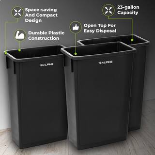 Alpine Industries 23 Gal. Black Plastic Waste Basket Commercial Slim Trash Can (3-Pack) 477-BLK-3PK