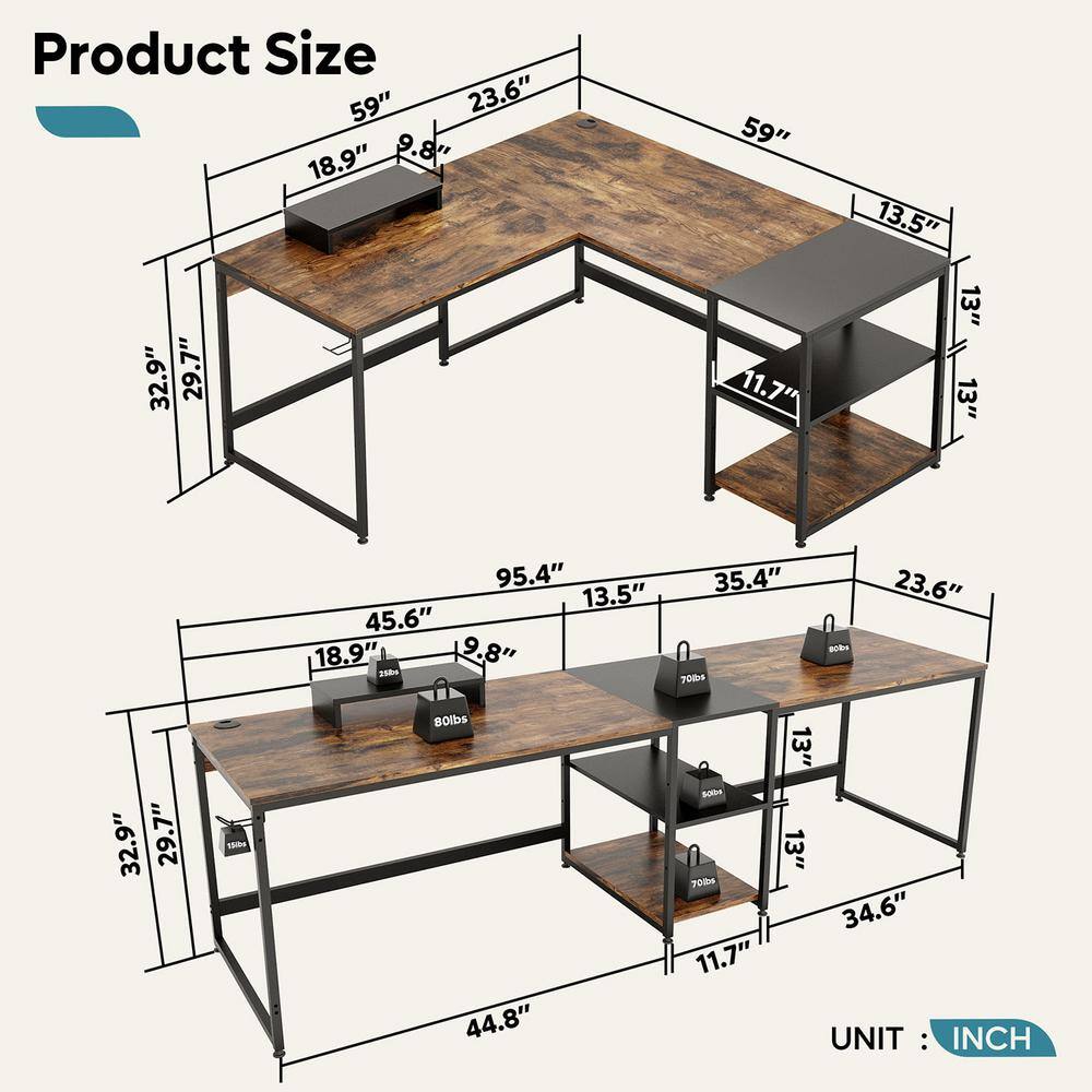 Bestier 59.06 in. Rustic Brown L-Shaped Computer Desk with Shelves D054E-RST